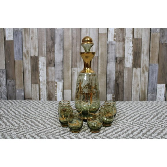 Other - Vintage Glass Decanter Set With 5 Matching Shot Glasses
